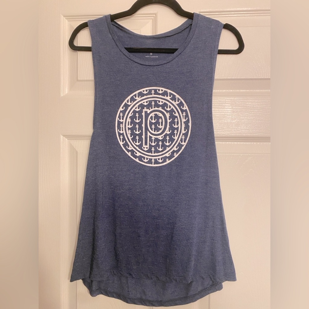 Pure Barre Nautical Circle P Muscle Tank in Heather Dark Blue